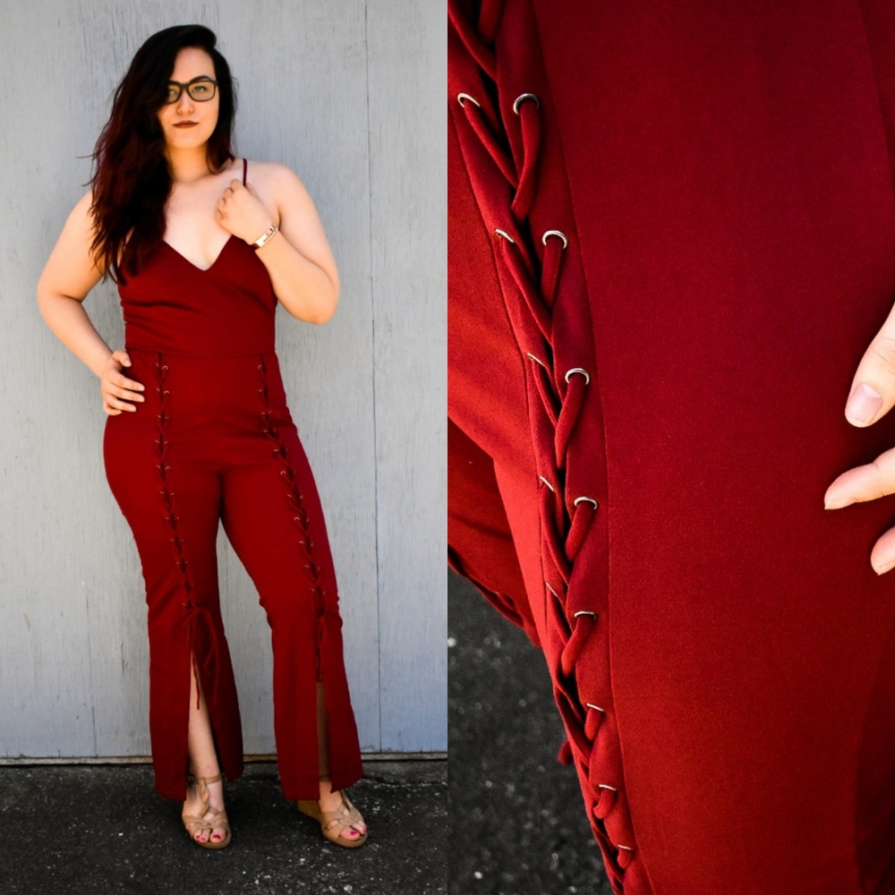 Wide Split Leg Lace-Up Plus Size Jumpsuit (Red)